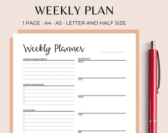 Weekly Planner, Printable Planner A5/A4/Half Letter/Letter Size, Vertical Weekly Planner, Desk Weekly Plan, Instant Download, Goodnotes PDF