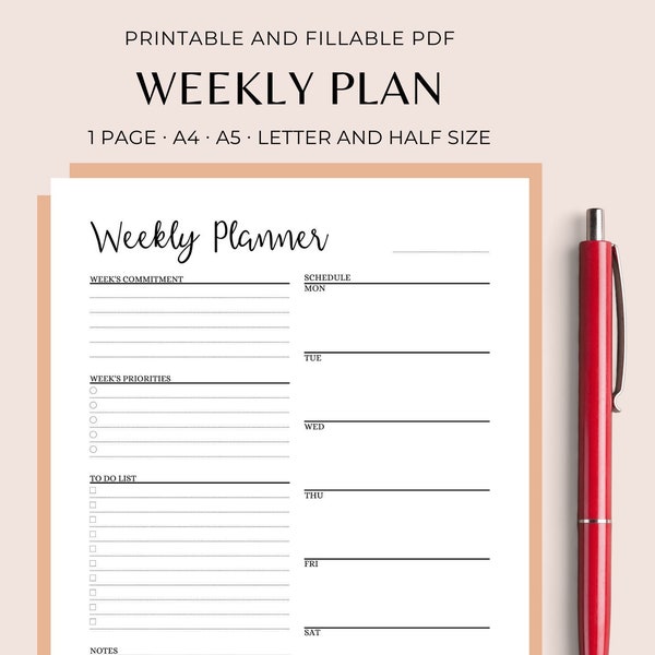 Weekly Planner, Printable Planner A5/A4/Half Letter/Letter Size, Vertical Weekly Planner, Desk Weekly Plan, Instant Download, Goodnotes PDF