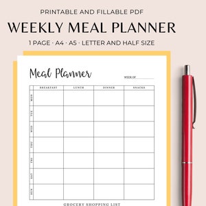 Weekly Meal Planner Printable, Grocery List Printable, Meal Prep, Menu Planner, Meal Planner PDF, Meal Plan Digital Letter/HalfLetter/A4/A5