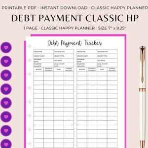 May include: Printable debt payment tracker planner page with two columns for tracking debt payments. The page is divided into sections for creditor, credit limit, interest rate, starting balance, minimum payment, amount paid, goal payoff date, and ending balance. The page is designed for use with a classic happy planner.