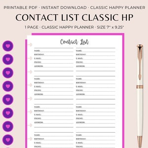 CONTACT LIST Classic Happy Planner Printable, Happy Planner Classic Insert, Happy Planner Kit, Happy Planner Refill, Happy Planner Template