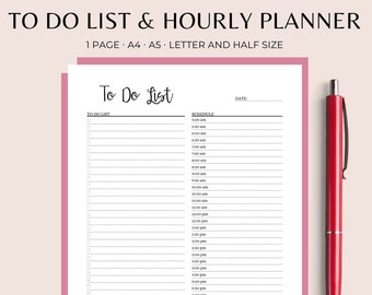 May include: Printable to-do list and hourly planner template in a pink and white color scheme. The template includes a to-do list section and an hourly schedule from 5:00 am to 10:00 pm. The text "To Do List" is written in cursive at the top of the page.