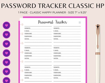 PASSWORD TRACKER Classic Happy Planner Printable, Classic Happy Planner Inserts, Happy Planner Printable Insert, Happy Planner Printable PDF