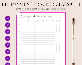 May include: Printable bill payment tracker for a classic happy planner. The tracker has columns for bill name, amount, due date, paid date, paid, and auto pay. The tracker is 7 inches by 9.25 inches.
