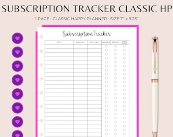 SUBSCRIPTION TRACKER Classic Planner Printable, Happy Planner Inserts Printable, Classic Happy Planner Inserts, Happy Planner Classic Cover