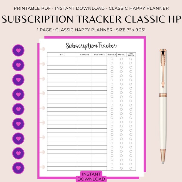 SUBSCRIPTION TRACKER Classic Planner Printable, Happy Planner Inserts Printable, Classic Happy Planner Inserts, Happy Planner Classic Cover
