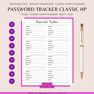 Happy Planner Password Tracker Insert | Classic Size Printable | Vertical Password Log Sheet | Digital Download | Planner Printable