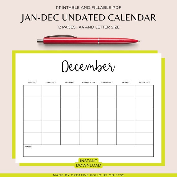 Blank Monthly Calendar Printable Landscape Minimalist - Etsy