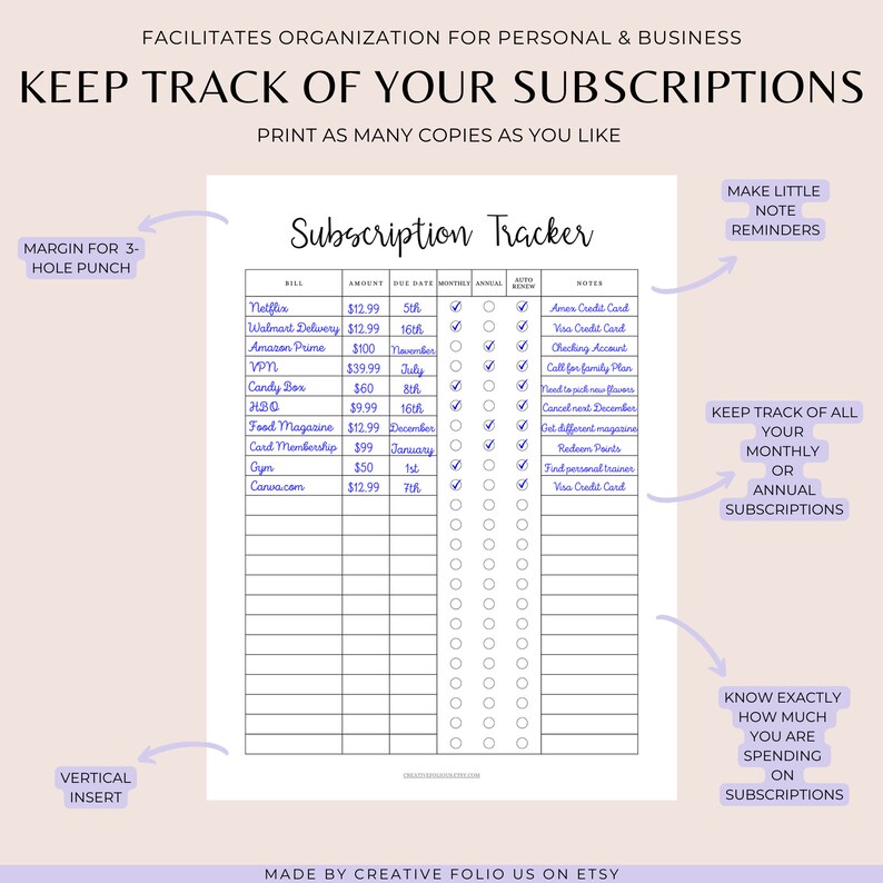 May include: A printable subscription tracker with a light pink background. The tracker has columns for bill name, amount, due date, monthly, annual, auto renew, and notes. The tracker is designed to help people keep track of their monthly or annual subscriptions.