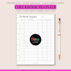 May include: Printable checkbook register page for a classic Happy Planner. The page is designed for tracking bank transactions, with columns for date, description, debit, credit, and balance. The page is 17.8 cm by 23.5 cm.