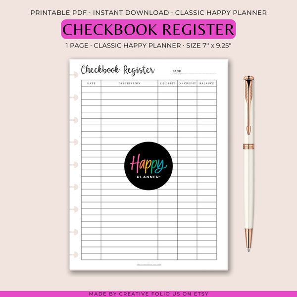 CHECKBOOK REGISTER Classic Planner Printable, Happy Planner Inserts Printable, Classic Happy Planner Inserts, Happy Planner Classic Cover