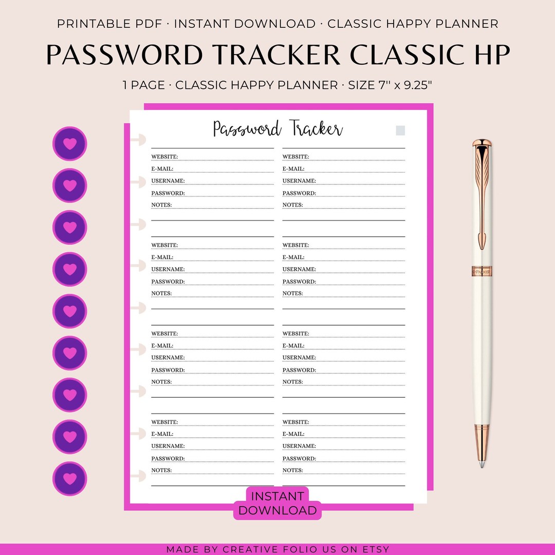 Happy Planner Password Tracker Insert | Classic Size Printable ...
