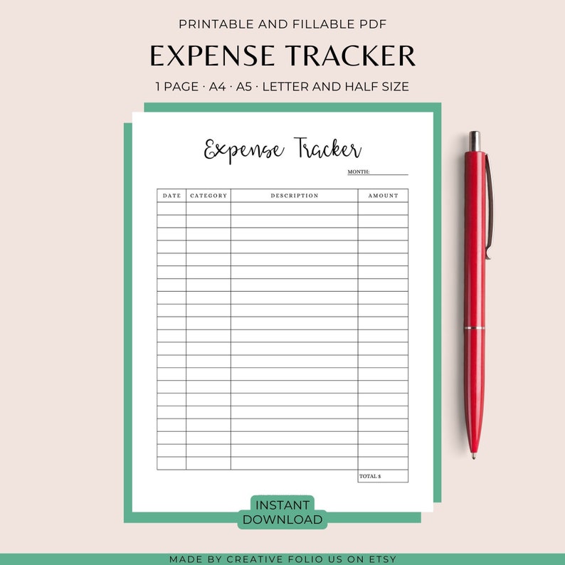 May include: Printable expense tracker PDF template in black and white. The template has columns for date, category, description, and amount. The text "Expense Tracker" is at the top of the page. The text "MONTH" is at the top of the page. The text "TOTAL $ " is at the bottom of the page.
