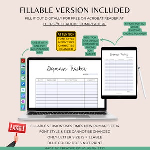 May include: A digital planner template for tracking expenses. The template is designed to be used with a PDF annotation app and can be filled out digitally on a computer, phone, or tablet. The template features a table with columns for date, category, description, and amount. The text "Expense Tracker" is at the top of the template. The template is designed to be used with Times New Roman font size 14. The font style and size cannot be changed. Only letter size is fillable. The blue color does not print.