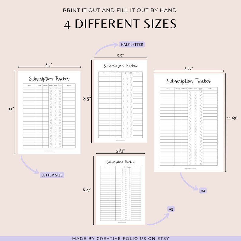 May include: Four different sizes of printable subscription trackers in black and white. The sizes are 8.5 x 11 inches, 8.27 x 11.69 inches, 5.5 x 8.5 inches, and 5.83 x 8.27 inches. The trackers are labeled "Subscription Tracker" and have columns for date, subscription name, amount, due date, and notes.