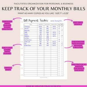 Bill Payment Tracker Printable Insert: Classic Happy Planner (PDF) - Etsy
