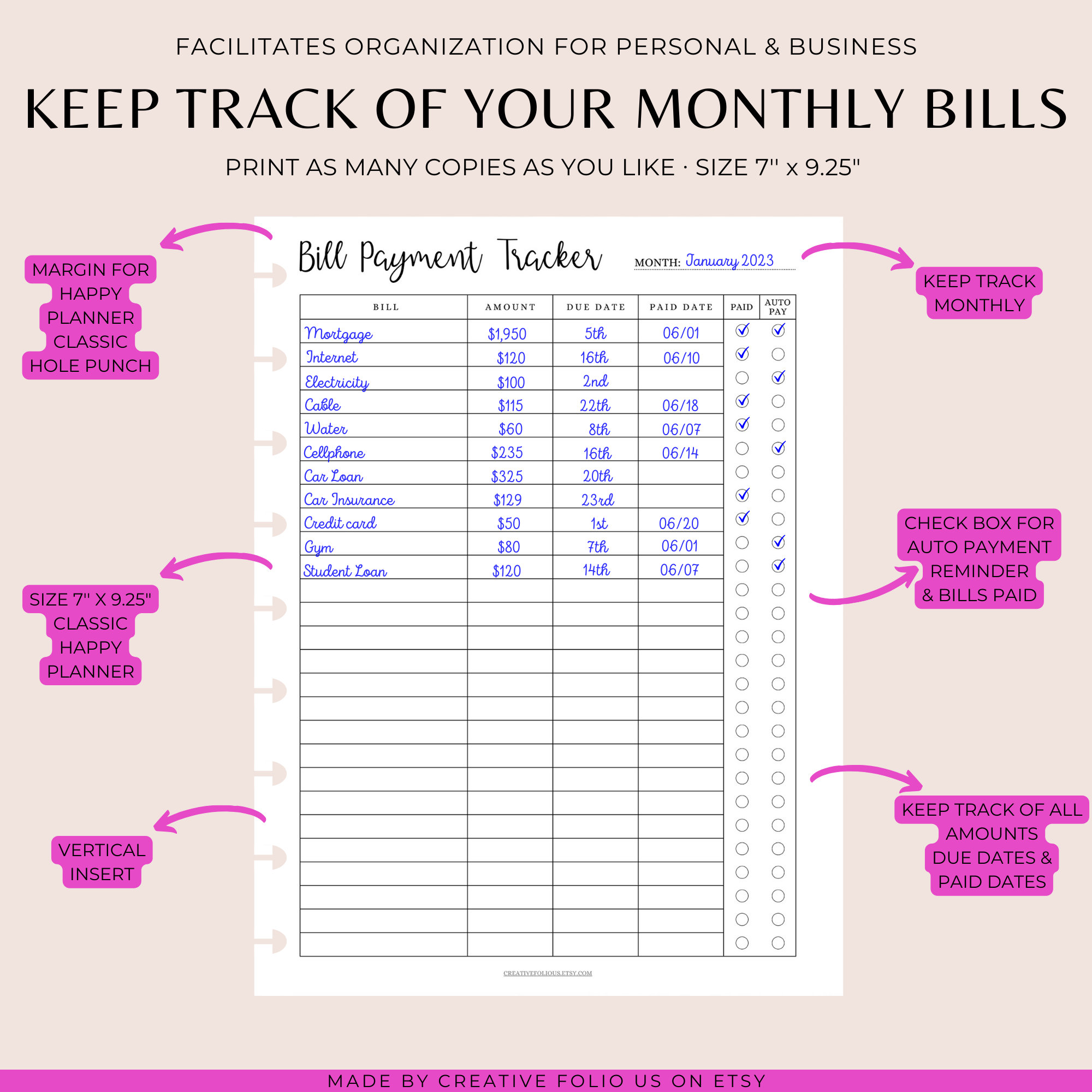 Bill Payment Tracker Printable Insert: Classic Happy Planner (PDF) - Etsy