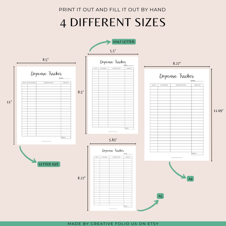 May include: Four printable expense tracker templates in different sizes: Letter (8.5 x 11 inches), Half Letter (5.5 x 8.5 inches), A4 (8.27 x 11.69 inches), and A5 (5.83 x 8.27 inches). Each template has a simple design with columns for date, category, description, and amount.