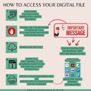 May include: A green and white infographic with five steps on how to access a digital file. The steps include purchasing the file, downloading the file, unzipping the file, printing the file, and importing the file to a digital planner. The infographic also includes an important message that the file is digital and will not be mailed.