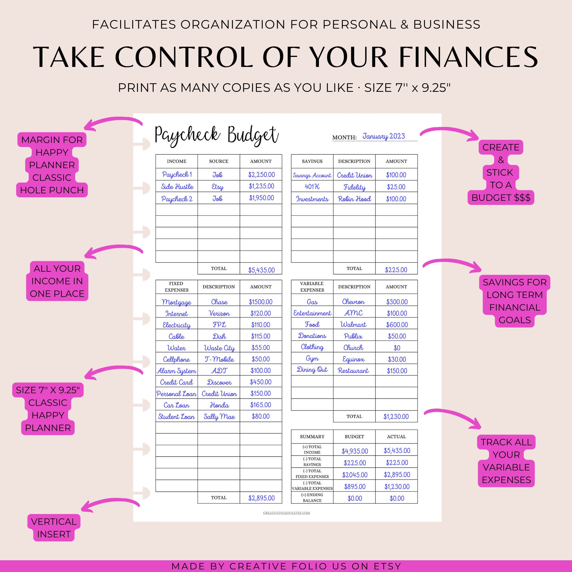 BUDGET PLANNER Classic Happy Planner, Classic Happy Planner Printable ...