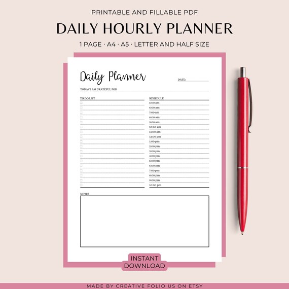 Daily Hourly Planner Printable Daily to Do List Productivity - Etsy