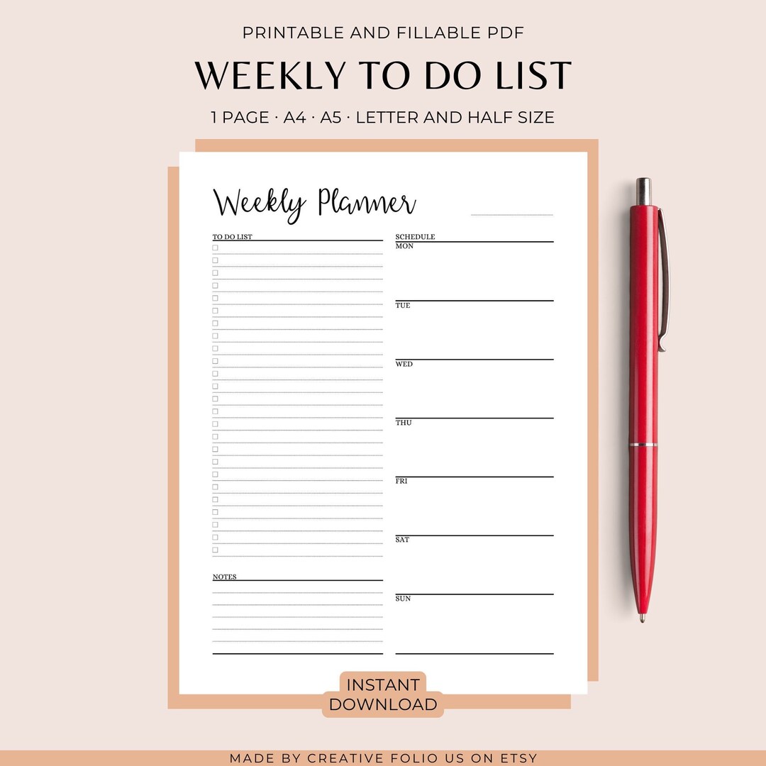 Weekly Planner Printable to Do List, Weekly Schedule, A4/half Letter ...