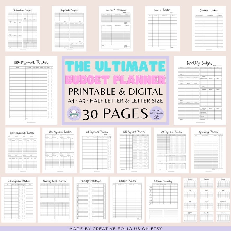 Budget Planner Printable, Finance Planner Bundle, Paycheck Budget PDF, Bill Payment Tracker, Financial Planner, Letter/HalfLetter/A4/A5 Size 