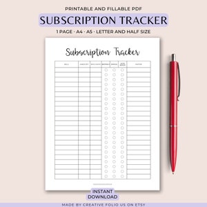 Subscription Tracker Printable, Monthly Bill Payment Tracker, Editable Bill Planner, Bill Payment Tracker Printable, HalfLetter/Letter/A4/A5