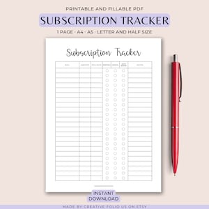 May include: A printable subscription tracker in black and white. The tracker has columns for bill, amount, due date, monthly, annual, auto renew, and notes. There are 30 rows for tracking subscriptions.