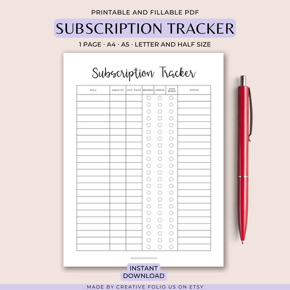 Subscription Tracker Printable, Monthly Bill Log PDF, Budget Planner Sheet A4 A5 Letter Half