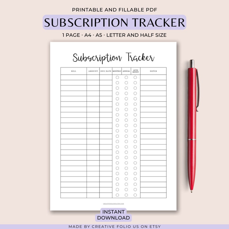 May include: A printable subscription tracker in black and white. The tracker has columns for bill, amount, due date, monthly, annual, auto renew, and notes. There are 30 rows for tracking subscriptions.