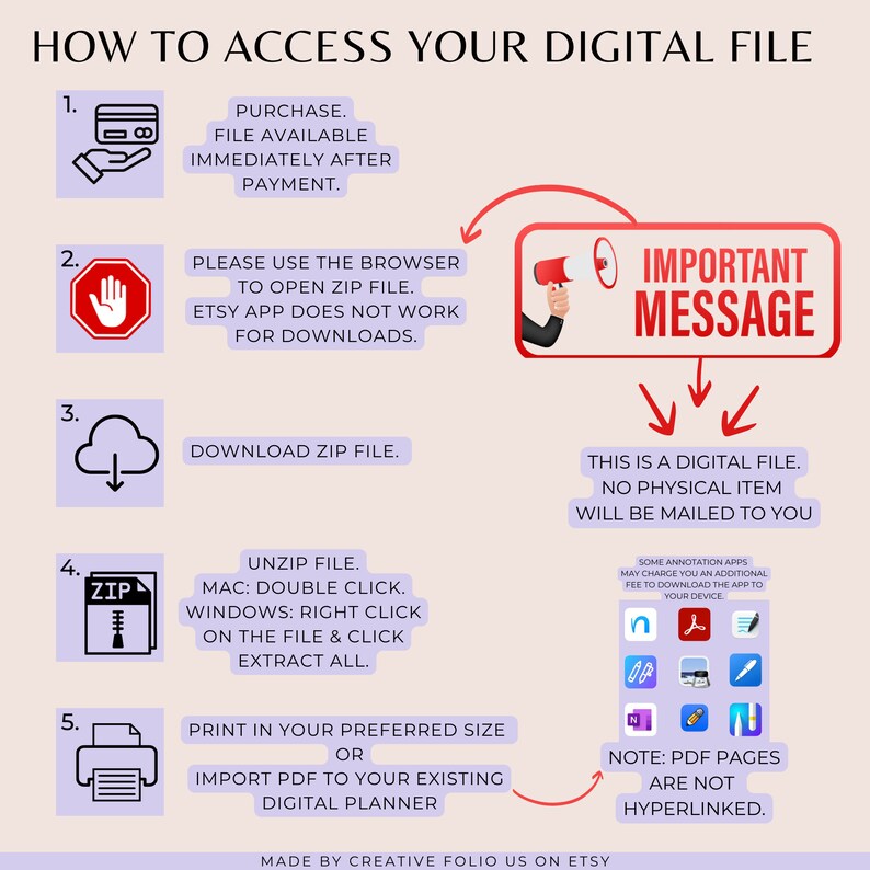 May include: A pink and white infographic with five steps on how to access a digital file. The steps include purchasing the file, using a browser to open the file, downloading the file, unzipping the file, and printing or importing the file to a planner. The infographic also includes an important message that the file is digital and no physical item will be mailed.