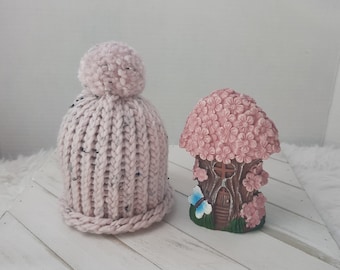 Pale pink tweed handmade knit newborn baby beanie hat with matching handmade pom