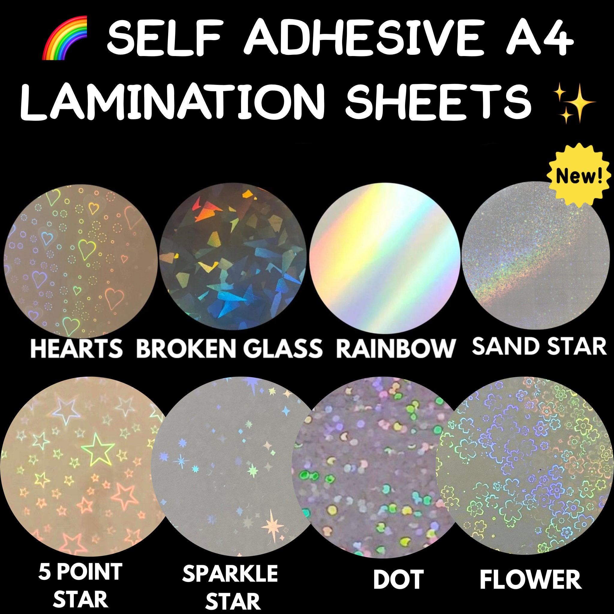 CMFUPRT 24 Sheets A4 Size Holographic Cold Laminate Sheet Premium Overlay Laminating Self-Adhesive Sheets (Broken Diamond,Clear,Stars,Diamond)