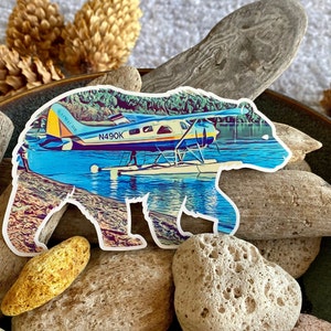 STC-033 Brown Bear Sticker, Alaska Float Plane, Alaska Sticker, Outdoors Sticker, Katmai NP Sticker, Outdoorsy Sticker, Brooks Falls Alaska