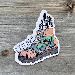 STC-126 Hiking Boot Sticker, Explore Sticker, Hiking Sticker, Adventure Sticker, Nature Sticker, Outdoorsy Sticker, Camping Sticker