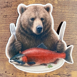 STC-037 Salmon Supper with a Bear Sticker, Alaska Brown Bear, Brooks Falls Alaska, Katmai National Park, Salmon Fishing Alaska, Nature Gift