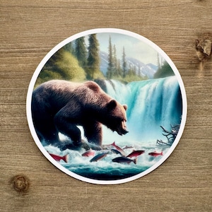 STC-048 Alaskan Brown Bear Salmon Fishing Sticker, Katmai National Park, Brooks Falls, Alaska Travel, Alaska Photography, Alaska Art