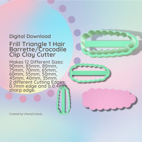 Frill Triangle 1 Hair Barrette/Crocodile Clip Clay Cutter - STL Digital Download- 12 sizes - 2 Cutter Versions, Accessories, 3d Print