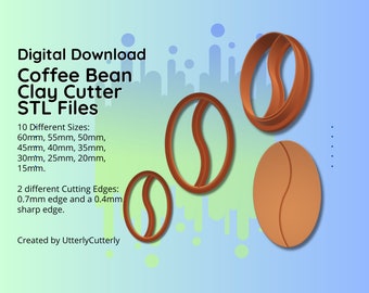 Clay Cutter STL File Coffee Bean - Coffee Lover Earring Digital File Download- 10 sizes & 2 Cutter Versions, cookie cutter