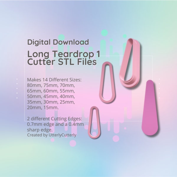 Clay Cutter STL File Long Teardrop 1- Earring Digital File Download- 14 sizes & 2 Cutter Versions, cookie cutter