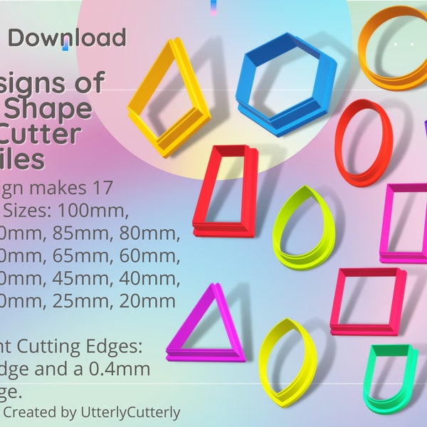 13 Designs Basic Shapes Clay Cutter - STL Digital File Download- 17 sizes and 2 Cutter Versions