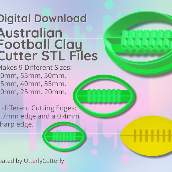 Clay Cutter STL File - Australian Football - Earring Digital File Download- 9 sizes and 2 Earring Cutter Versions, cookie cutter