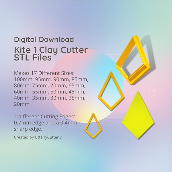 Kite 1 Clay Cutter - Diamond Basic Shape Geometric STL Digital File Download- 17 sizes and 2 Cutter Versions, cookie cutter