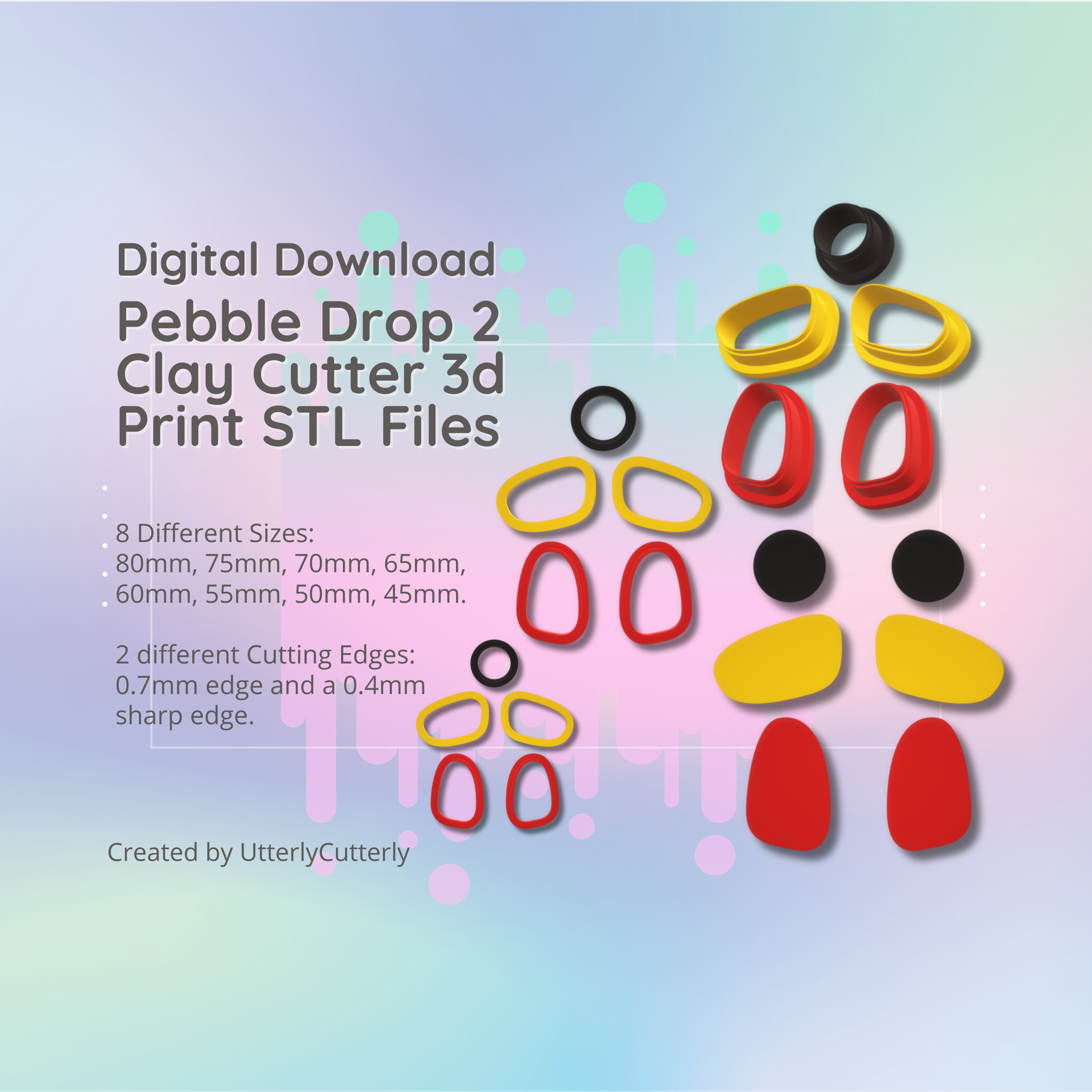 Pebble Drop Clay Cutter - STL digitaal bestand downloaden - 8 maten en 2 cutterversies
