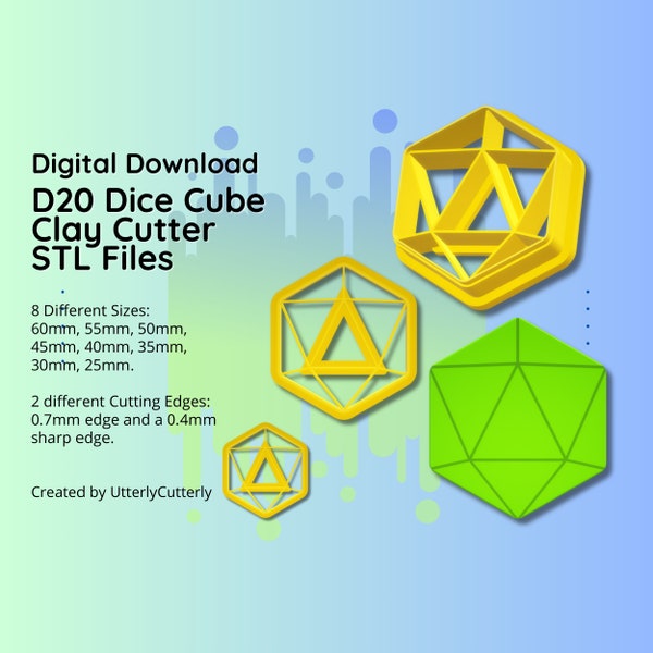 Clay Cutter STL File D20 Dice- Table Top Game Style Digital File Download- 8 sizes & 2 Cutter Versions, cookie cutter