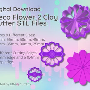 Clay Cutter STL File - Deco Flower 2 - Earring Digital File Download- 8 sizes and 2 Earring Cutter Versions, cookie cutter