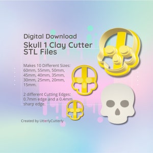 Clay Cutter STL File - Skull 1- Halloween Whimsigoth Earring Digital File Download- 10 sizes and 2 Cutter Versions, cookie cutter