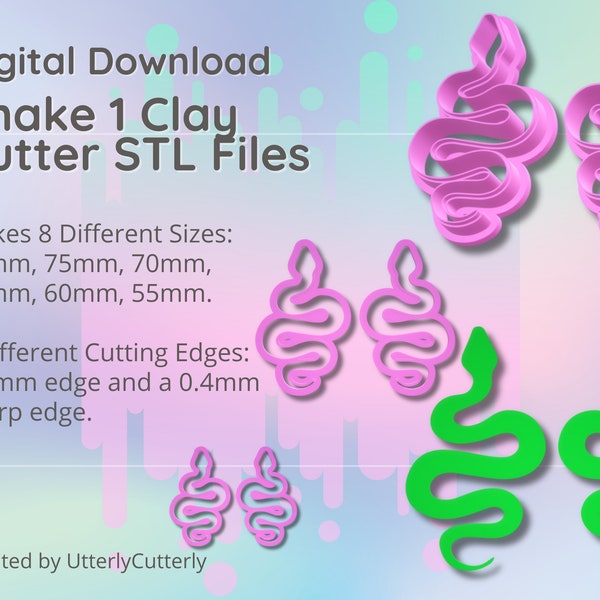 Clay Cutter STL File - Large Snake 1 - Halloween Earring Digital File Download- 6 sizes and 2 Earring Cutter Versions, cookie cutter