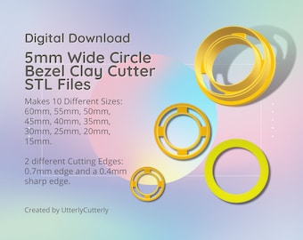5mm wide Circle Bezel Clay Cutter - Geometric STL Digital File Download- 10 sizes and 2 Earring Cutter Versions, cookie cutter